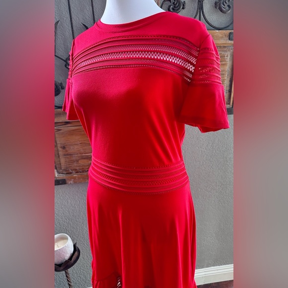 Michael Kors Bright Red Open Weave Mesh Insert Dress w/Ruffled Hem - Sz M - Picture 13 of 16
